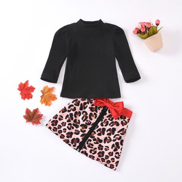 

clothing sets kids spring knitted long sleeve + bow leopard skirt girls suit 2021 baby 1-5 years clothes children's, White