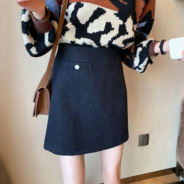

skirts women 2021 autumn winter vintage woolen mini skirt female a-line high waist faldas lady casual pocket slim plush c81, Black