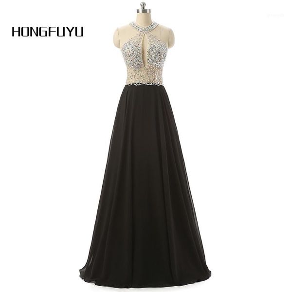 

new fashion a- line halter black chiffon long evening dresses 2019 backless beading floor length dress 0113011, White;black