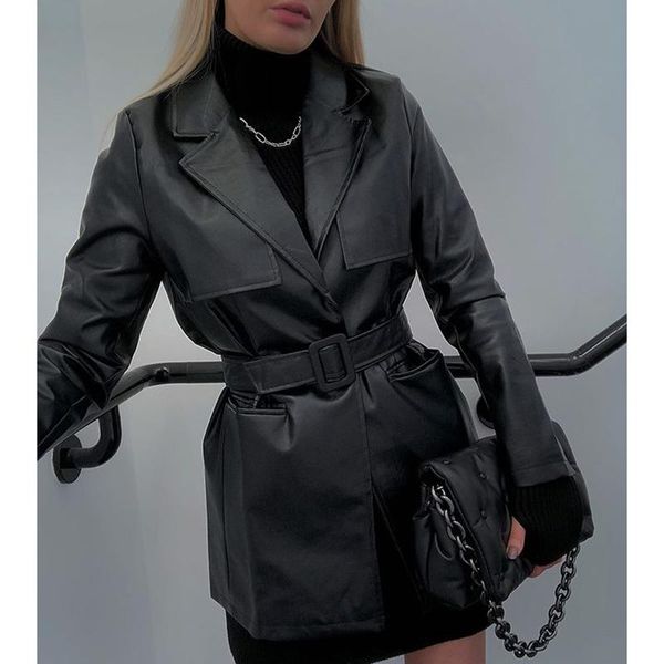 

floy fashion collected waisted blazers women elegant tie belt waist pu leather jackets women black notched suits ladies, White;black