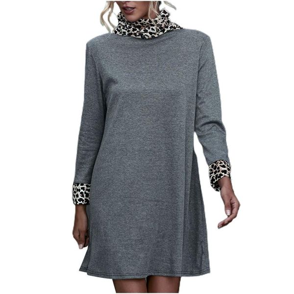

casual dresses leopard women's party dress elegant high collar long sleeve women plus size ladies vestidos de verano#g30, Black;gray
