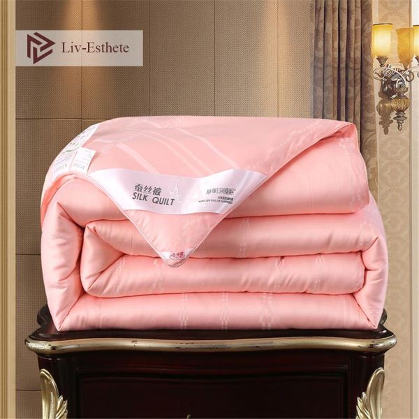 

liv-esthete women noble pink 100% silk comforter filled natural pure silk breathable queen king duvet quilt for all season