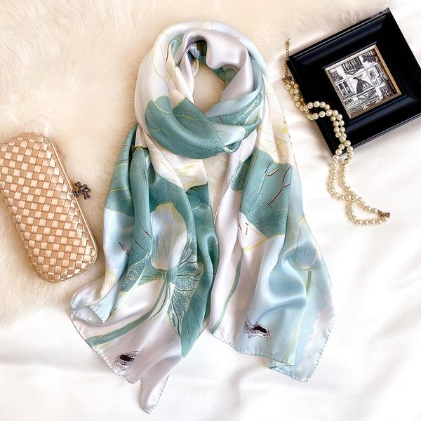 

элегантный цветочные женщины 100 pure silk шарф шаль печать обертывания женского foulard пляж похититель солнцезащитных пашмины бандан шарфы, Blue;gray