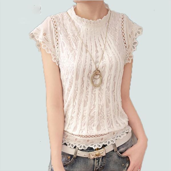 

new summer fashion style women blouses loose short petal sleeve floral lace chiffon o neck plus size shirt 01c 35, White