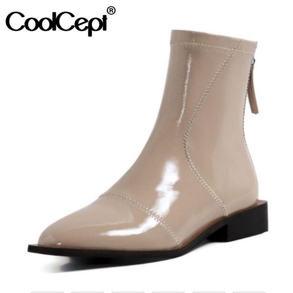 

coolcept women ankle boots flats square toe zipper shoes winter warm boots fashion women party footwear size 34-40, Black