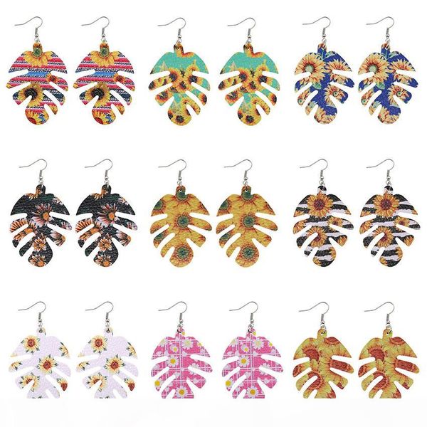 

new printing sunflower fishbone earring leaves pu leather earrings dangle leaf ear hook eardrop women designer jewelry statement gifts, Silver