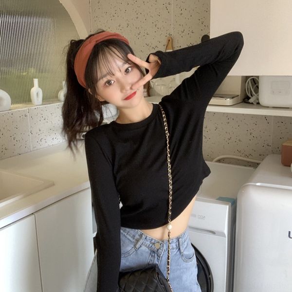 

6xs1m autumn and winter women's stripe stitching long sleeve coat crew t-shirt neck t-shirt women ins fashion jzech, White