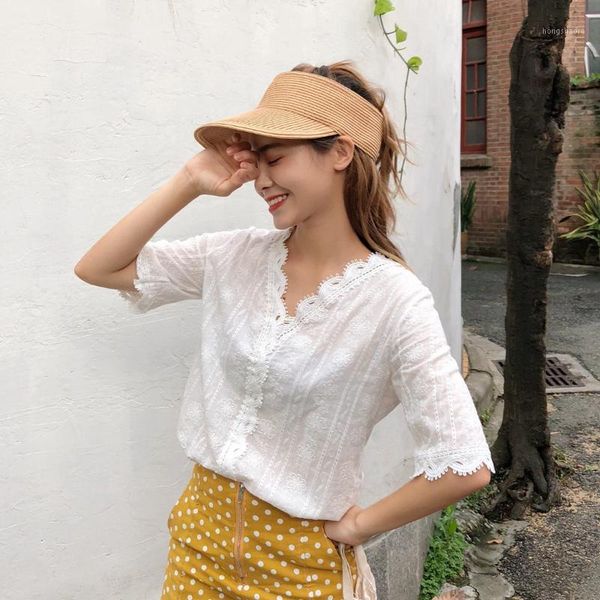 

2020 spring summer lace shirts women fashion v neck half sleeve hollow out floral blouses female casual white blusa 1