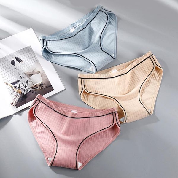 

super elastic breathable briefs mid waist thread cotton women's panties korean style underwear solid color underpants 7 colors, Black;pink