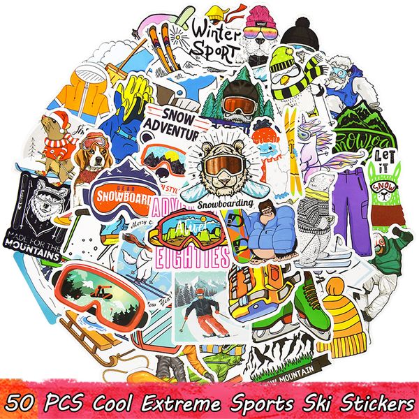 50-teiliges Set mit coolen, wasserdichten Extremsport-Ski-Vinylaufklebern für Kinder, Teenager und Erwachsene zum Selbermachen von Wasserflaschen, Rollern, Gepäck, Motorrädern und Fahrrädern