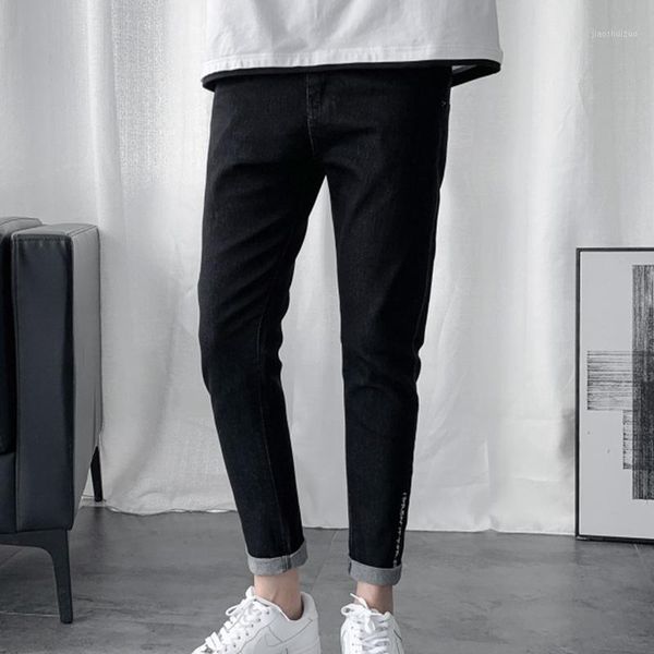 

2021 autumn men student jeans male streetwear thin leggings cropped pencil length pants casual slim straight denim trousers1, Blue