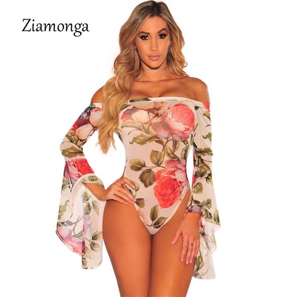 

ziamonga 2017 autumn long sleeve bodysuit women floral print mesh rompers bodycon mini playsuit overalls body jumpsuit for women y200401, Black;white