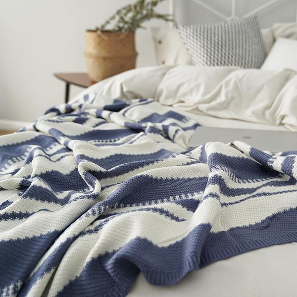 

blankets knitted blanket with towel bed cover nordic style blue and white stripe plush blanketbedspread