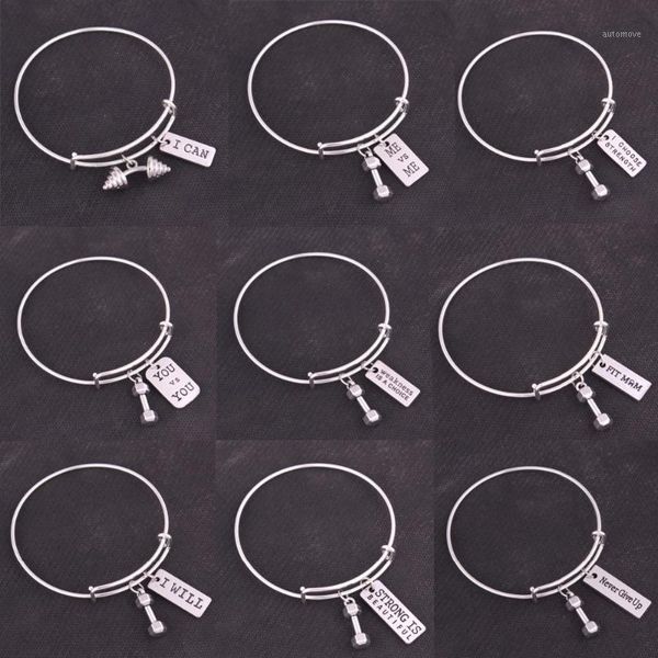 

5pcs fitness kettle bell dumbbell barbell fit mom strong is beautiful never give up gym bodybuilding charm adjustable bangles1, Black