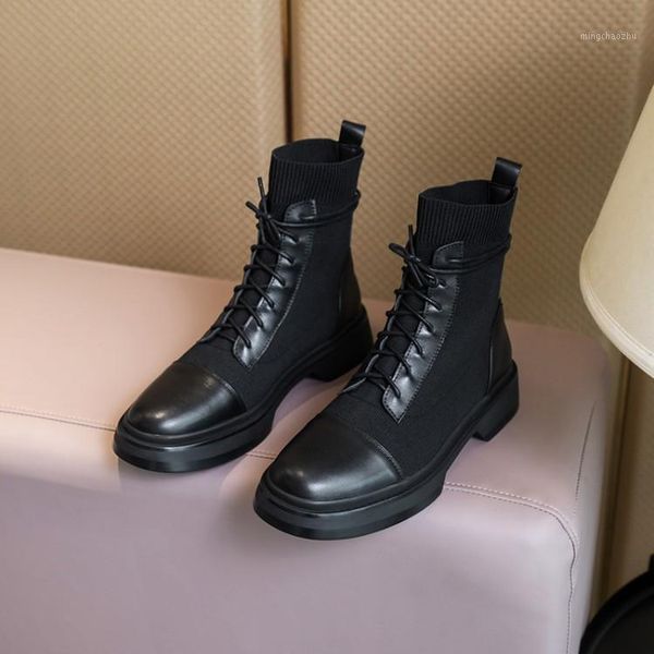 

boots mljuese 2021 women ankle cow leather+knitted winter short plush round toe lace-up med heels female size 391, Black