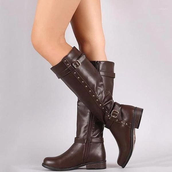 

vogue new knee high boots autumn winter mid-calf buckle strap women boots flats heels leather pu leather boot1, Black