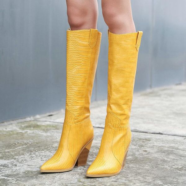 

winter women boots knee high boots western cowboy woman pointy toe high heel long white black botines mujer 2020