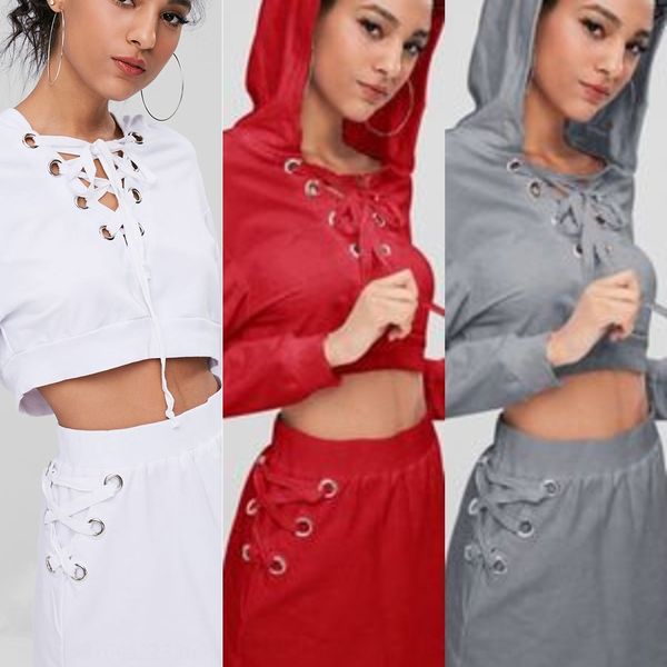 

a45is fast fashion women's long-sleeved hooded sweatershort short skirt sweater skirt sweater waist-tied suit lace-up sports 8bzjo, Black