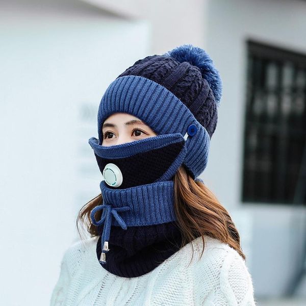 

beanie/skull caps discount 2021 hats winter women's girl mask hat scarf thick wool inside knitted set 3 pieces of riding fashion, Blue;gray