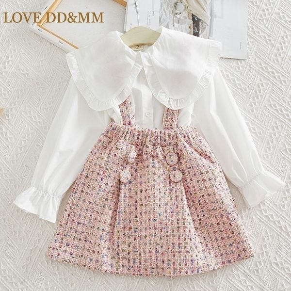 

love dd&mm girls sets girl autumn new sweet big lapel long sleeve shirts strap color dot skirts kids clothes y200525, White
