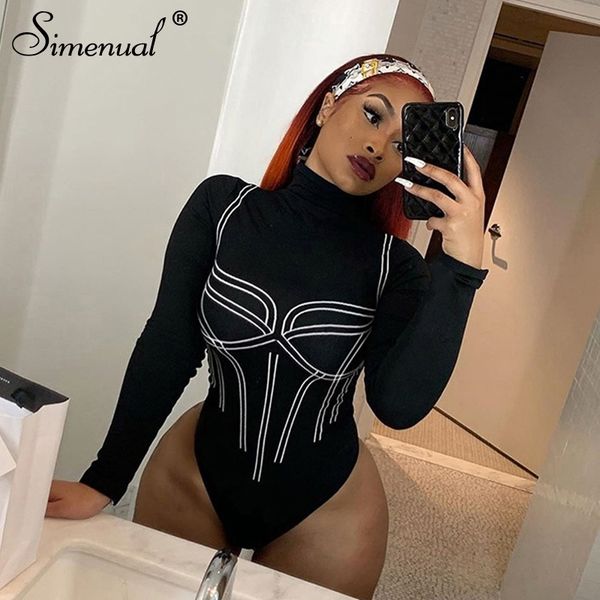 

simenual black skinny bodycon women bodysuits long sleeve fashion spring one piece romper casual slim printed bodysuit y200401, Black;white