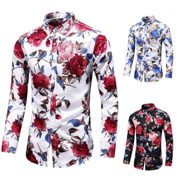 

autumn new fashion male shirt casual long sleeve button shirt for men rose printed floral shirts men plus size 5xl 6xl 7xl1, White;black