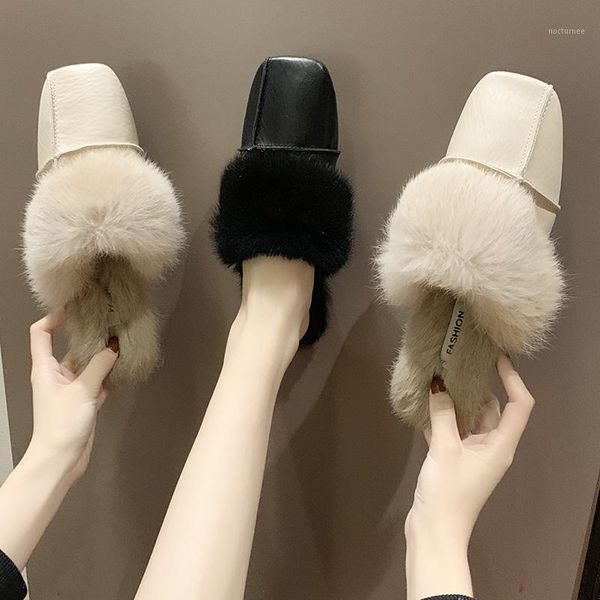 

winter warm fur mules furry slides flip flops cozy plush flat pregnant shoes woman cover toe fur slippers women pantoufles 20201, Black