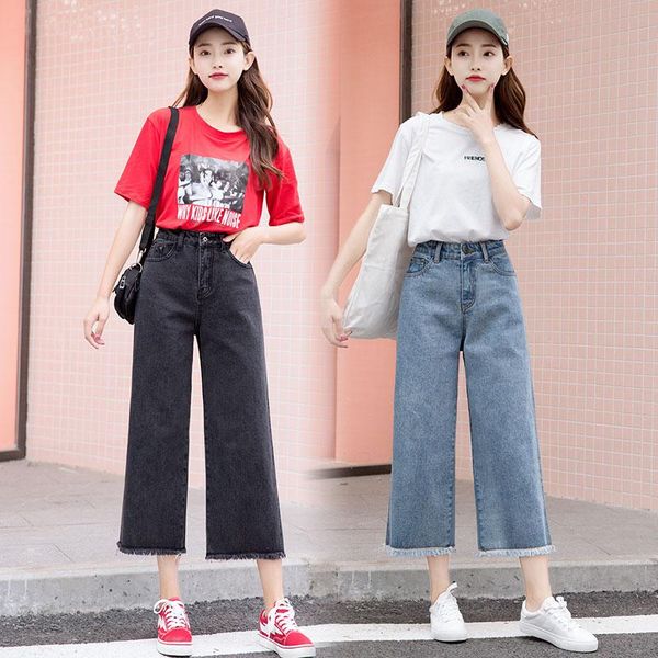 

seller pants 2020 fashion ankle-length high waist pants women loose washed cotton jeans wide leg casual female sweet, Blue