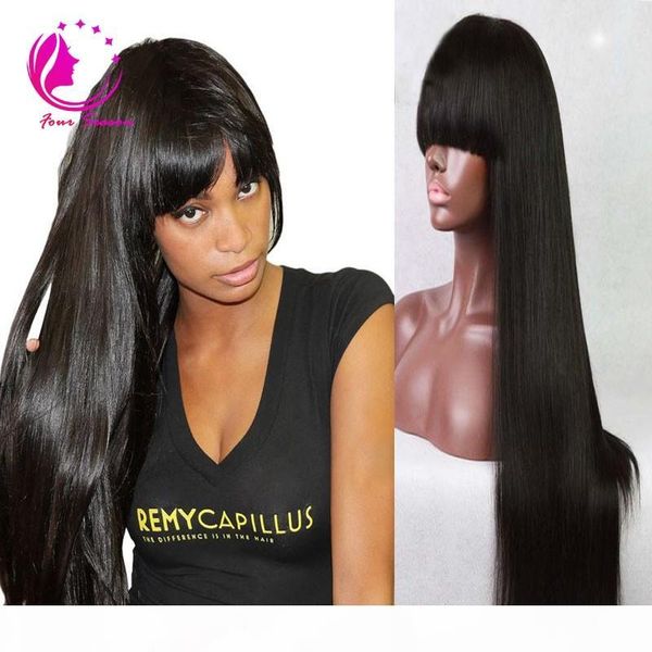 

100% virgin brazilian full lace human hair wigs with bangs glueless lace front wig 150 density straight wig for black woman, Black;brown