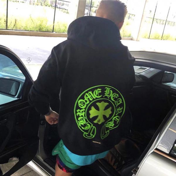 

new fashion brand ch croxin fluorescent green horseshoe sanskrit printed loose men's and women's identical hoodie, Black