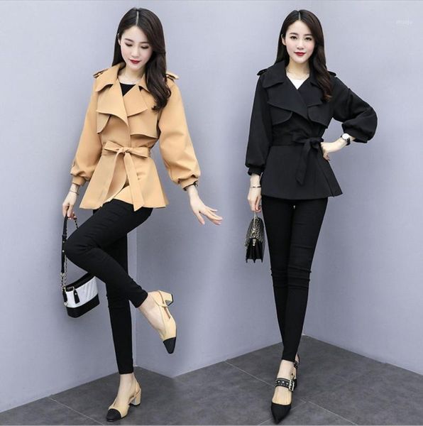 

winter mid-length solid jacket cool black and khaki raincoat women jacket women's denim short wind coat with belt1, Tan;black