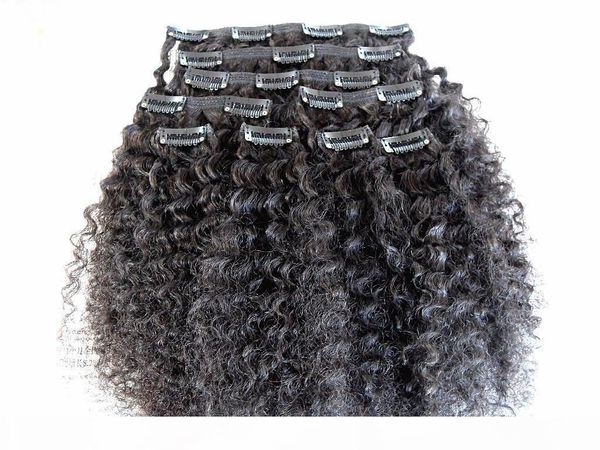 

brazilian kinky curly virgin human hair clip in hair extensions natural black color thick weft 120g, Black;brown
