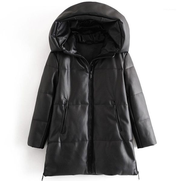 

agong solid black parkas women fashion hooded long coats women elegant zipper loose pu leather cotton jackets female ladies1