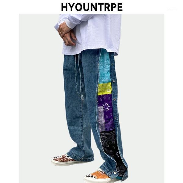 

men side buttons patchwork harajuku straight denim jean pants casual elastic waist jeans trousers hip hop new streetwear joggers1, Blue