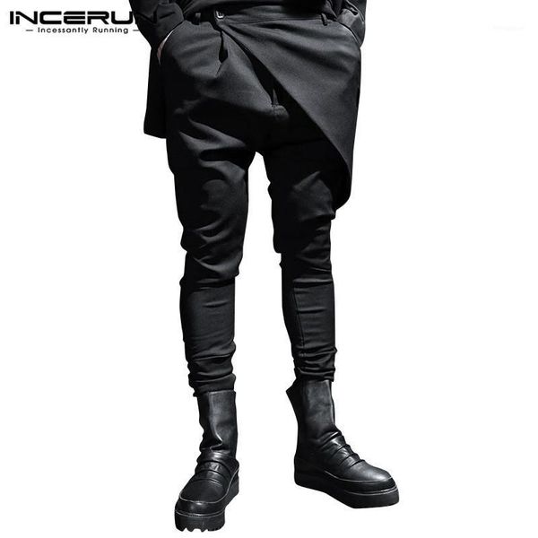 

incerun fashion punk style men pants joggers button plain 2020 pockets korean irregular trousers men streetwear harem pants 5xl1, Black