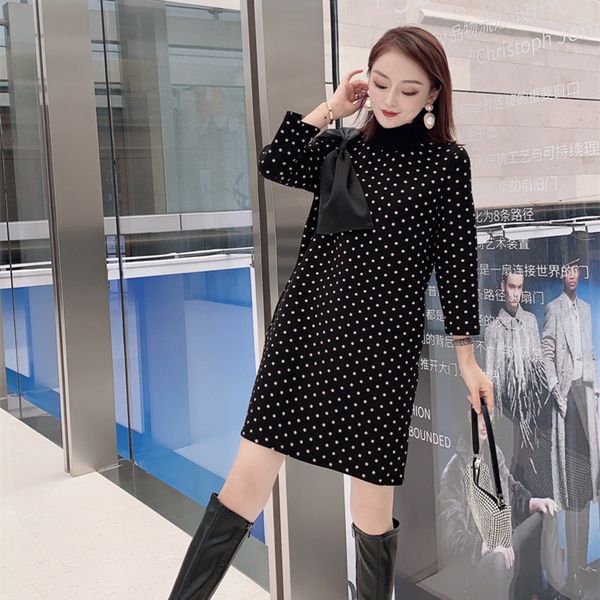 

2020 new hepburn middle-aged a-line doll bow dress with thickened air, zeng wave dot printing, age reduction, Black;gray