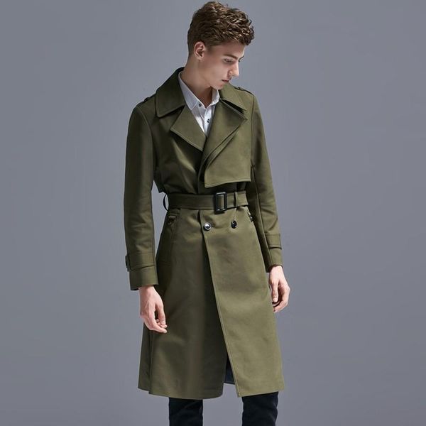 

men's wool & blends trench male kahki luxury overlength solid color casual mens jackets and coats fashion spring autumn man with belt, Black