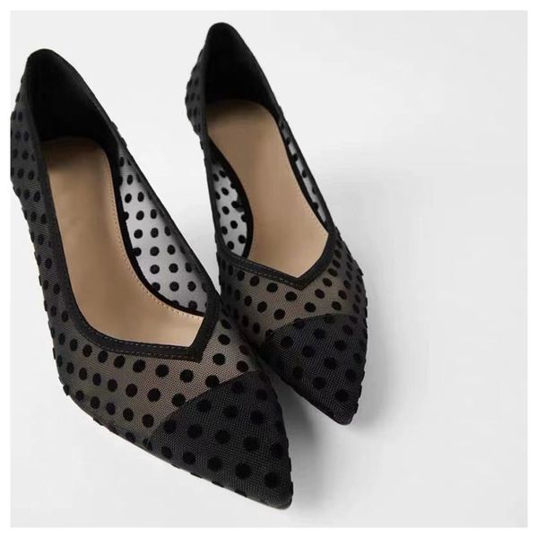 

2020 spring thin heels pumps shoes women pointed toe high heel work shoes polka dot mesh vintage elegant shallow pumps for party c0202, Black