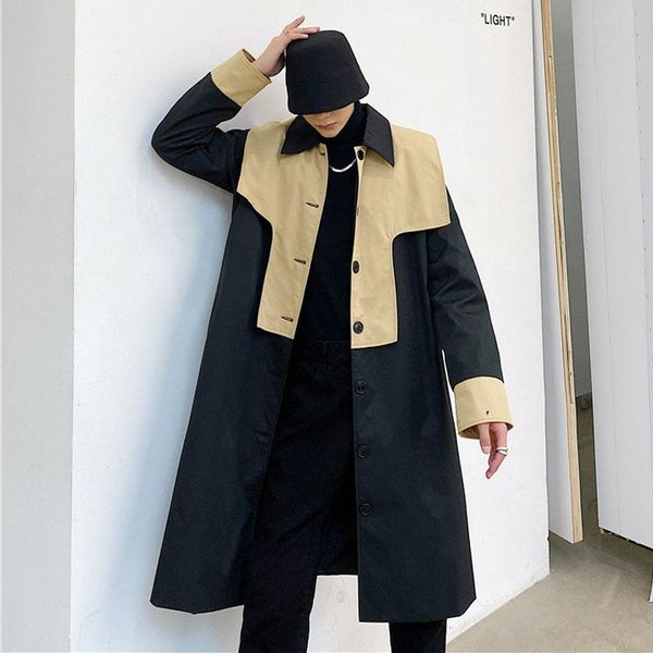 

men's trench coats male japan harajuku streetwear vintage loose casual jacket outerwear men black splice khaki cloak 3/4 long coat over, Tan;black
