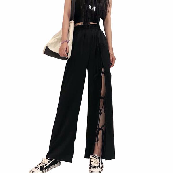 

women 2021 new bandage hole plus size female fashions high long streetwear ladies will see loose pants mqvg, Black;white