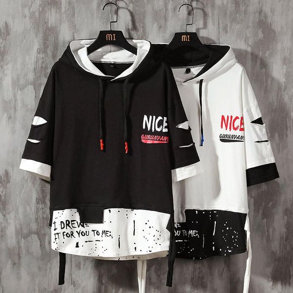 

men ribben hoodies summer male fashion short sleeve hoodies men's tshirt color splice hooded tshirt street style, Black