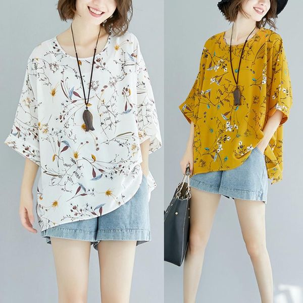 

women's blouses & shirts #2842 summer white yellow floral printed chiffon blouse for women batwing sleeves o neck vintage woman oversiz
