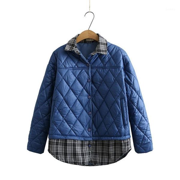 

oversize women's padded jacket autumn clothes new stitching fake two-piece plaid thin coat1, Black