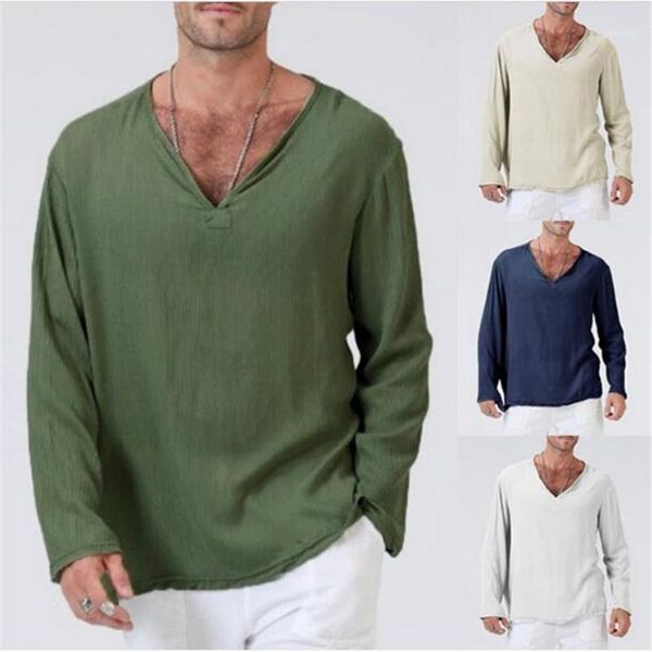

summer fashion tee men's cotton linen pure color v-neck long sleeve t-shirt casual loose oversize t-shirt s-5xl1, White;black