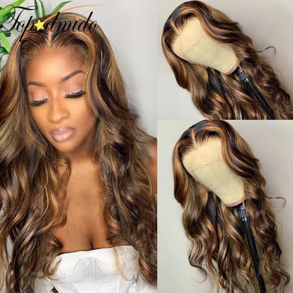 

lace wigs dmido 13x6 highlight color front with pre plucked hairline brown malaysian remy human hair wig baby, Black;brown