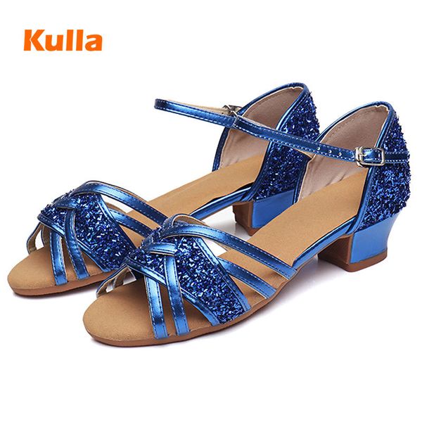 

girls children latin dance shoes glitter kids salsa tango ballroom shoes for dancing rose blue low heels 3.5cm zapatos de baile 201017