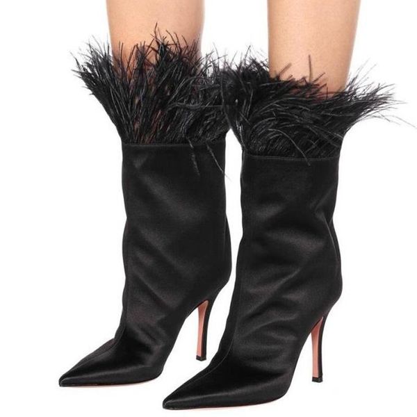 

high thin heels boots women stilettos fashion fur satin ankle boots woman slip-on chic night club party dress dance shoes, Black