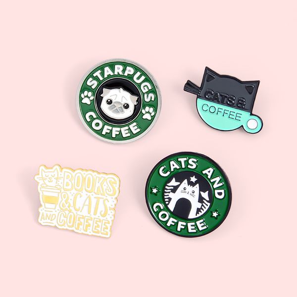 Bonitos Animais Café Esmalte Lapel Pins Cat Dog Broche Brooches Badges Fashion Pins presentes amigos