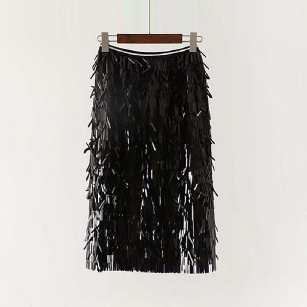 

women summer spring sequined skirts tassels mid-calf casual fashion party shining straight skirts  size 6q25501, Black