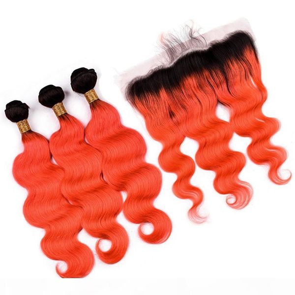 

#1b orange ombre body wave peruvian human hair weave bundles with frontal black to orange ombre 3bundles with 13x4 lace frontal closure, Black;brown